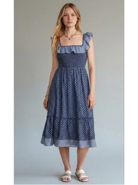 Vineyard Vines Chelsea Geo Navy Smocked Midi Dress Women’s Medium $198